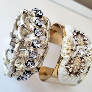 Banana Republic Gold & Silver Bracelet Duo Crystal Pearl Cuff Statement Jewelry